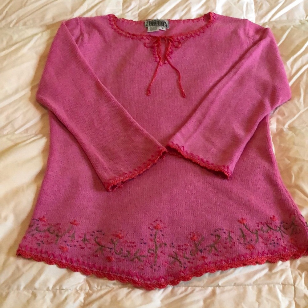 Pink bohemian sweater w/ embroidery and bead trim.